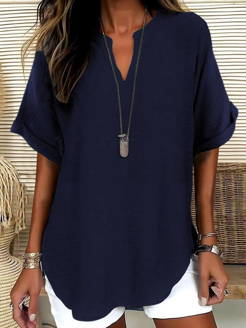 Notched Neck Blouse in Lightweight Fabric in navy blue