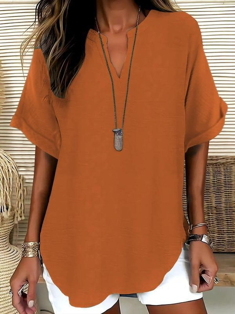 Notched Neck Blouse in Lightweight Fabric in orange