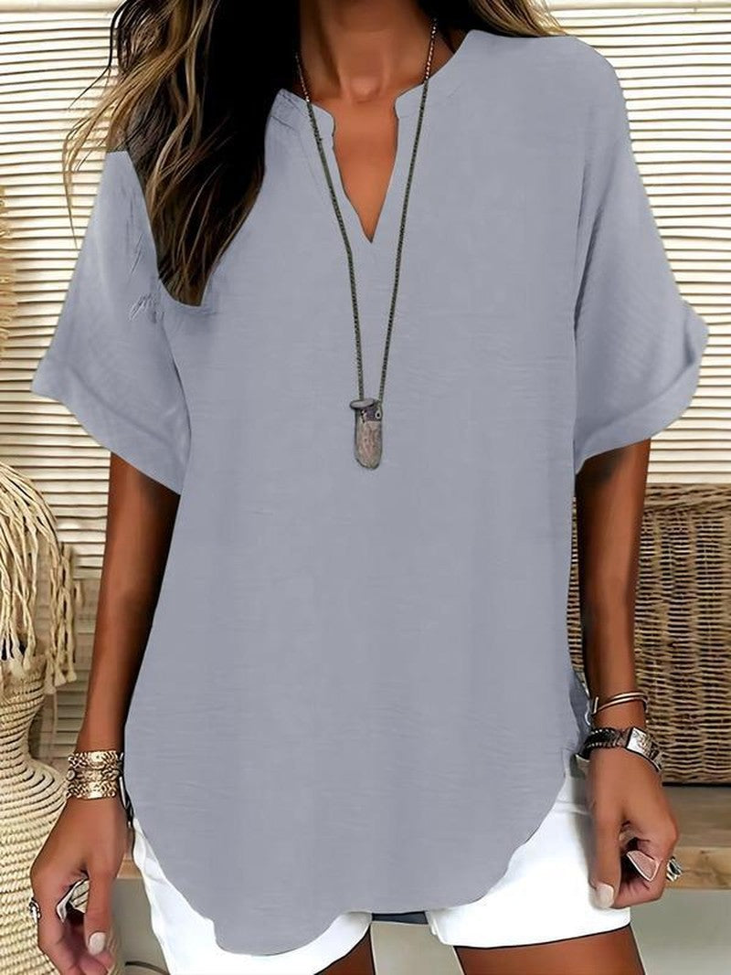 Notched Neck Blouse in Lightweight Fabric in grey