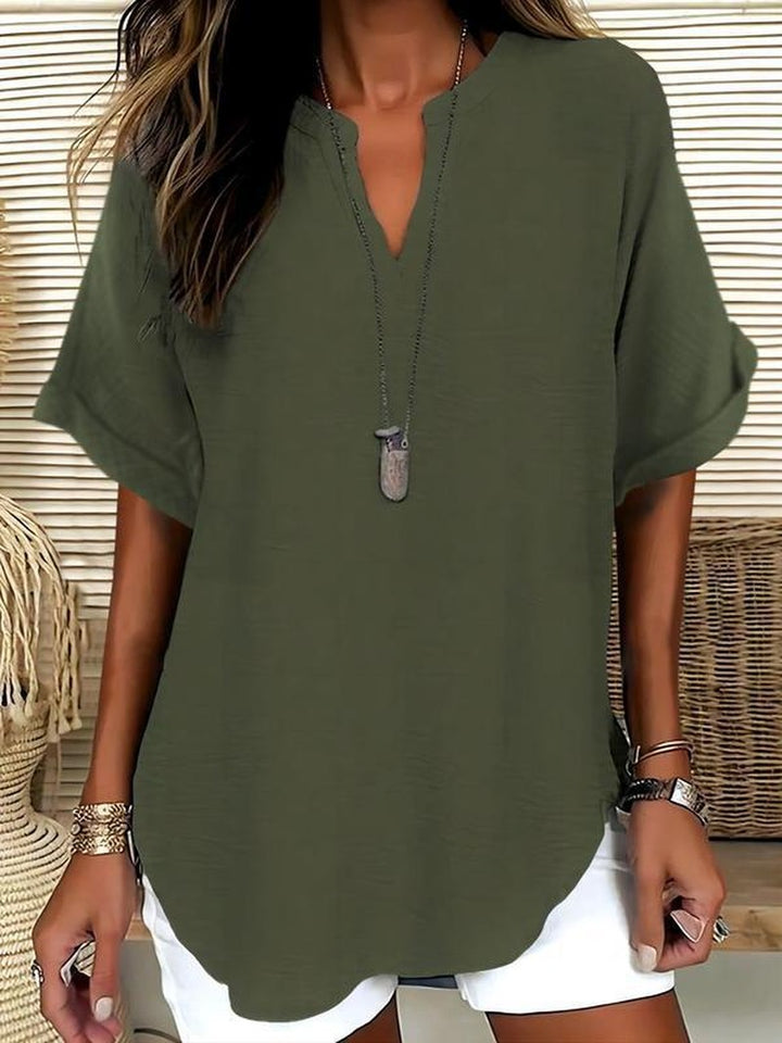 Notched Neck Blouse in Lightweight Fabric in olive green