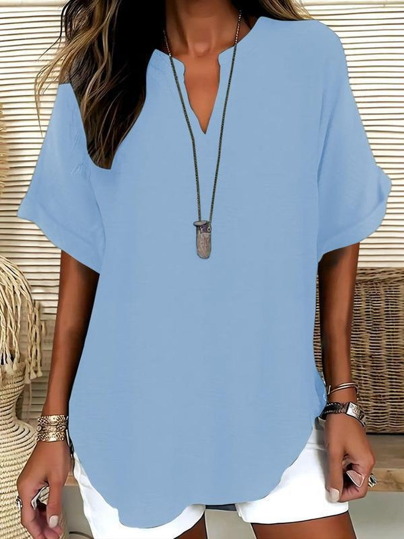 Notched Neck Blouse in Lightweight Fabric in light wash