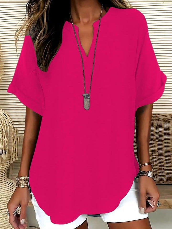 Notched Neck Blouse in Lightweight Fabric in deep pink