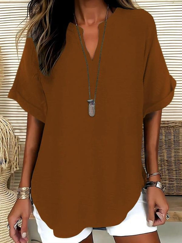 Notched Neck Blouse in Lightweight Fabric in copper brown