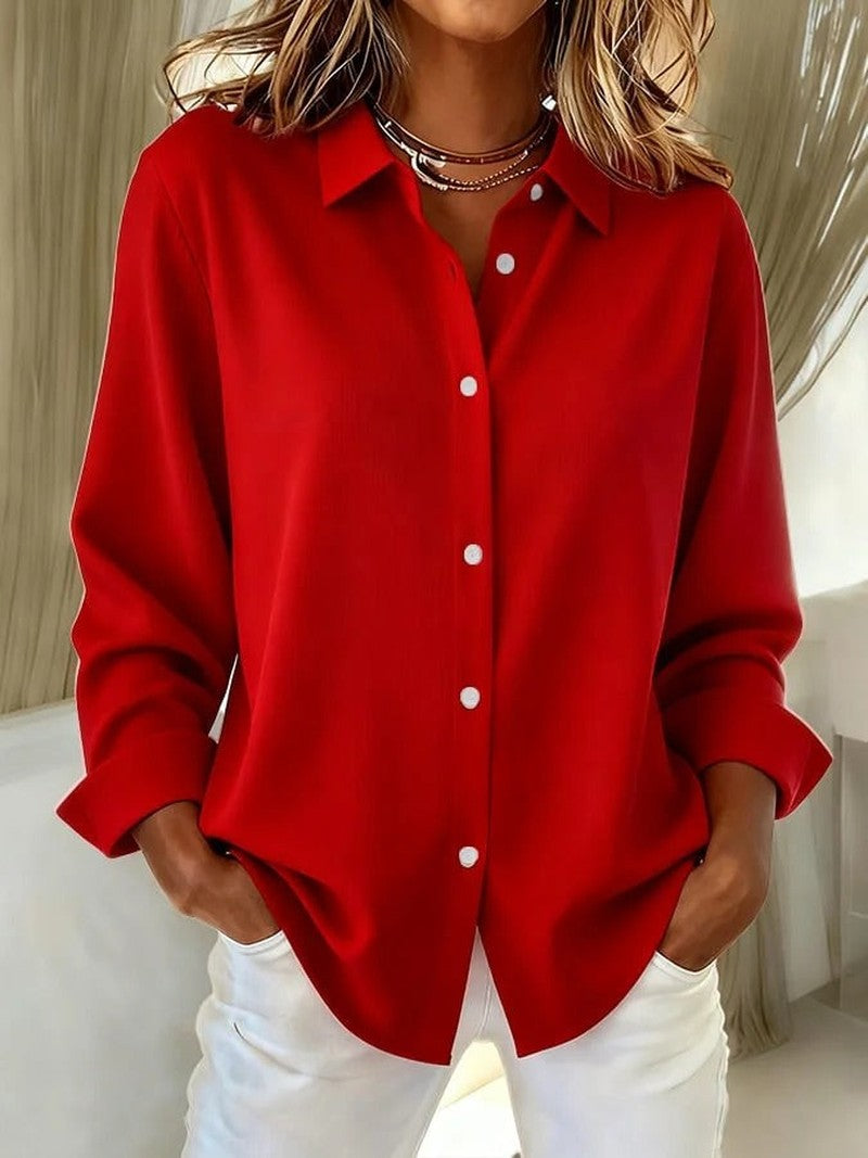 Button Blouse with Rolled Sleeves in red