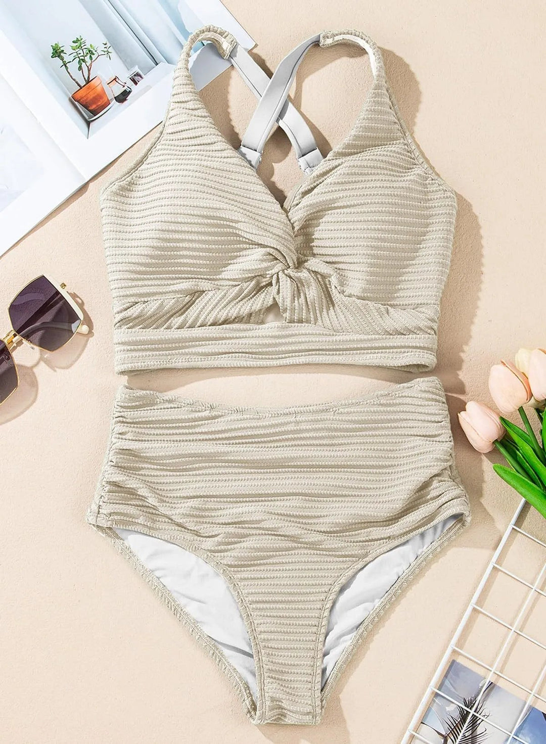 High Waist Bikini Set with Textured Fabric — Lavinia