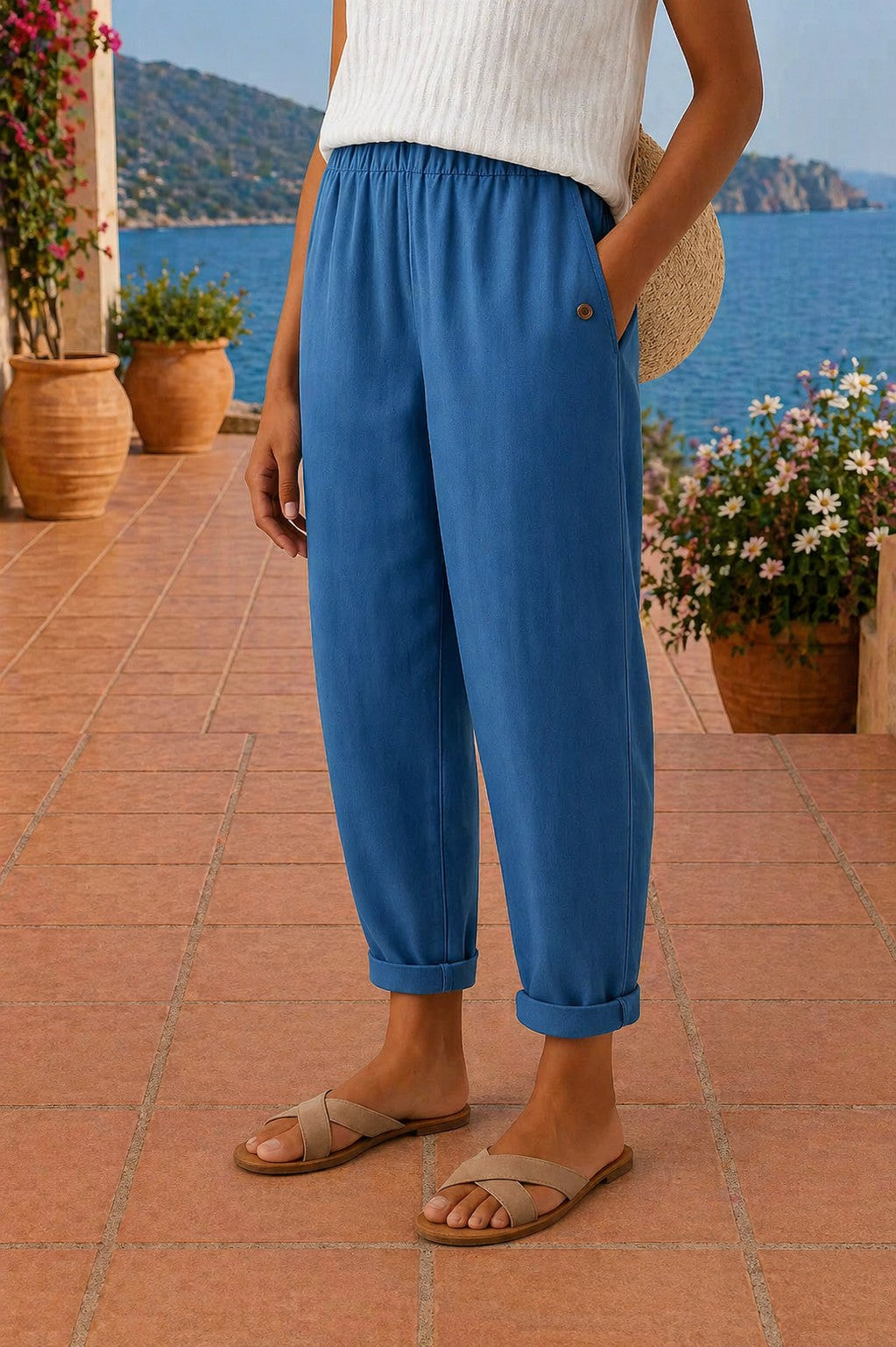 Relaxed Wide Leg Linen Pants in ocean navy
