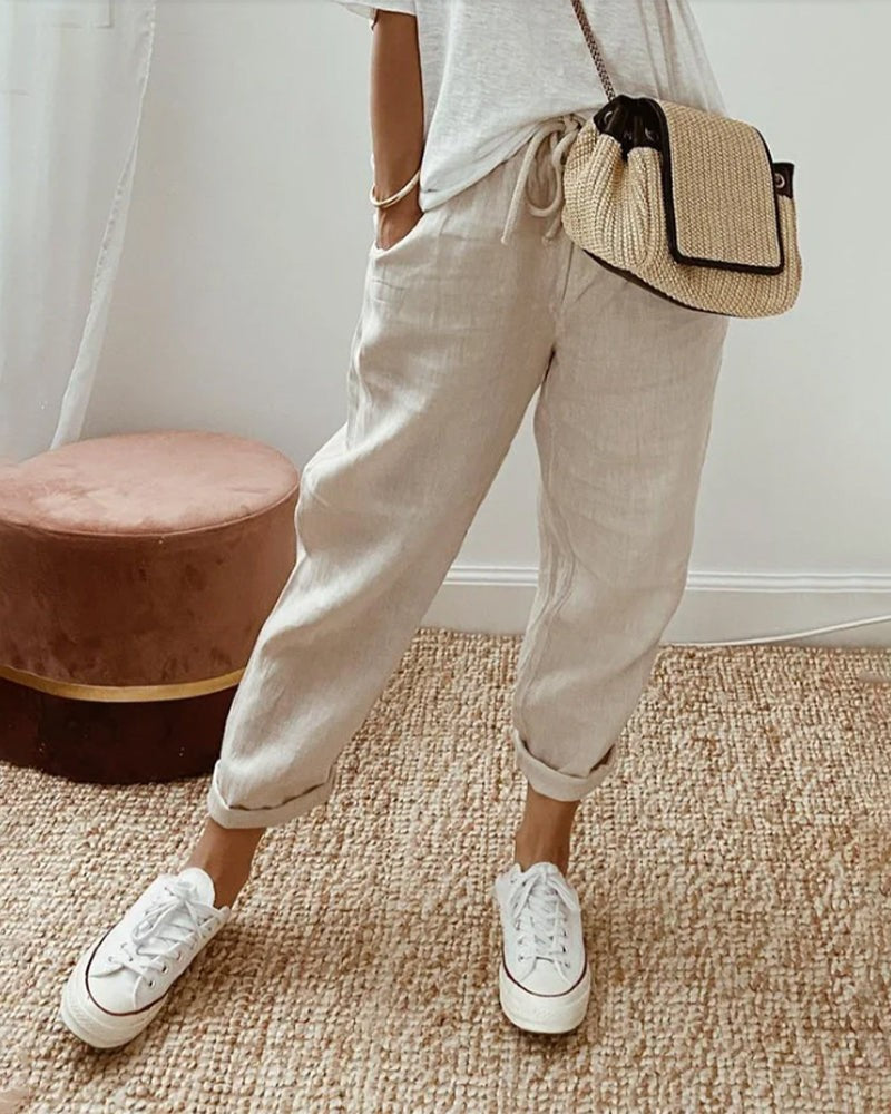 High Waist Straight Leg Linen Pants in beige