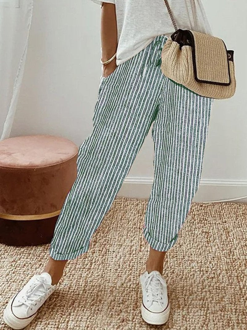 High Waist Straight Leg Linen Pants in green (striped)