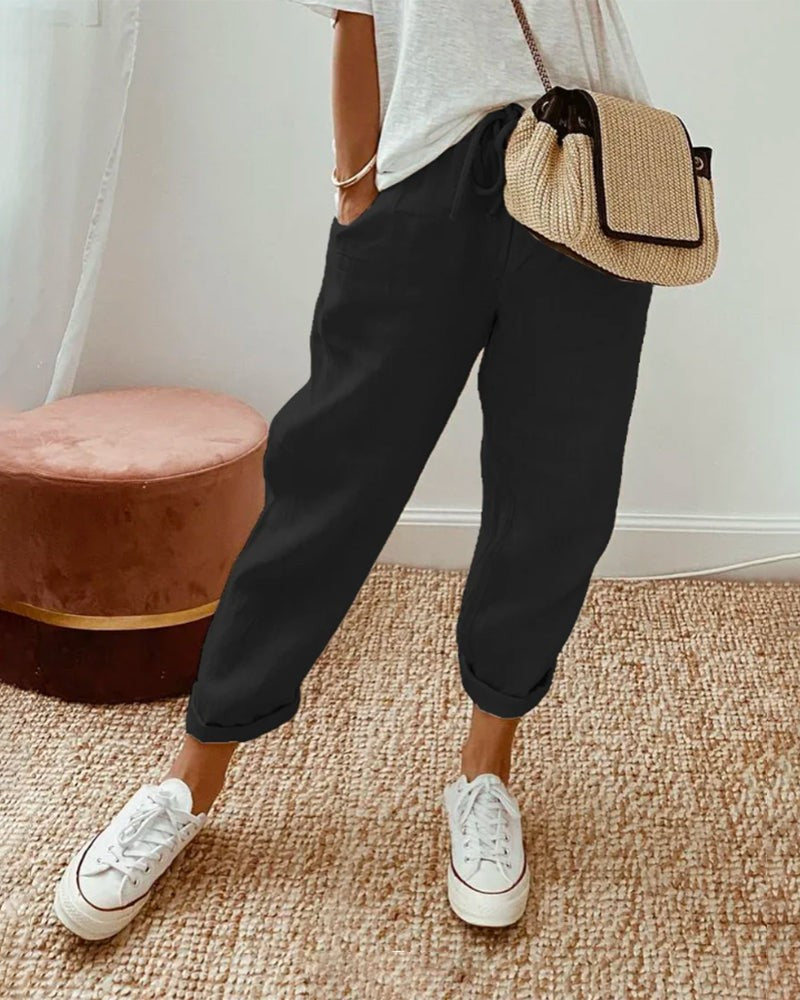 High Waist Straight Leg Linen Pants in black
