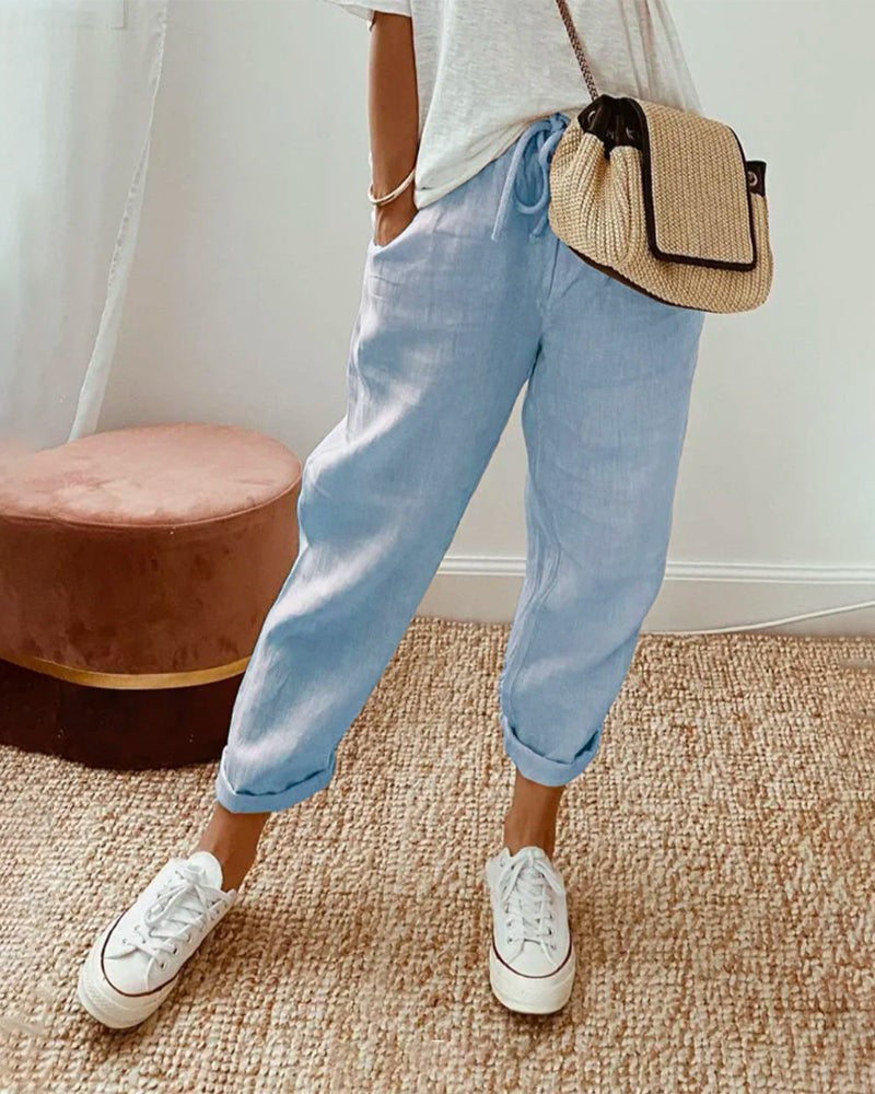 High Waist Straight Leg Linen Pants in blue