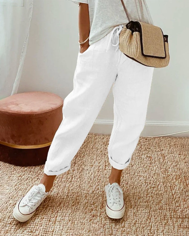 High Waist Straight Leg Linen Pants in white