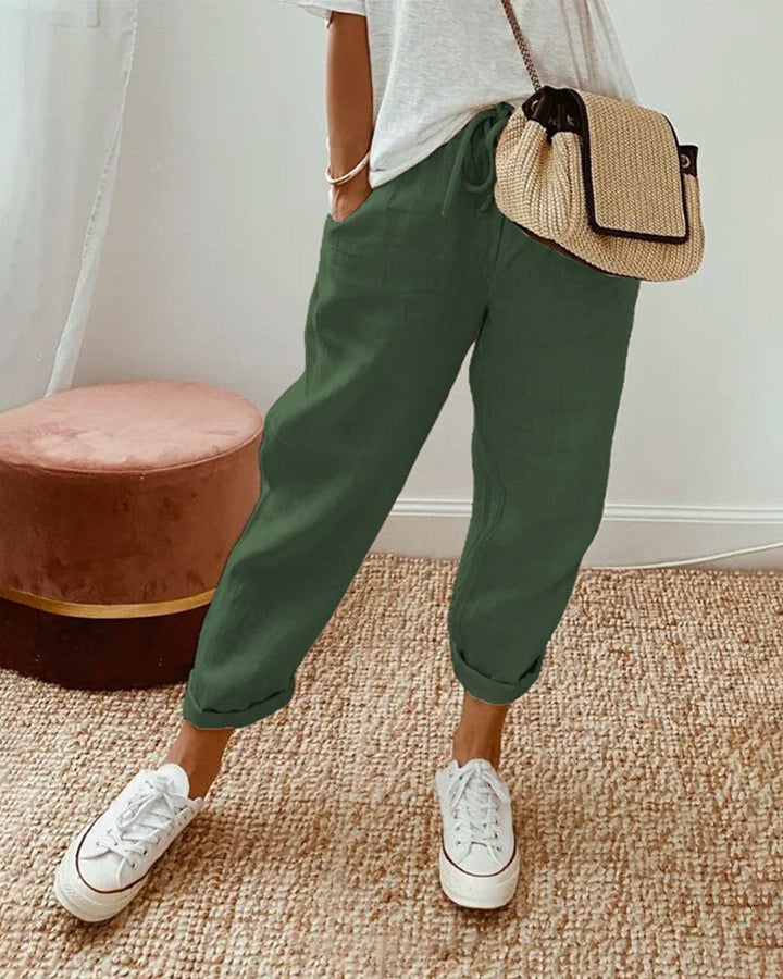 High Waist Straight Leg Linen Pants in green
