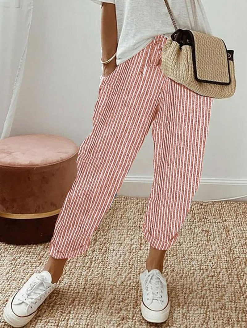 High Waist Straight Leg Linen Pants in red (striped)