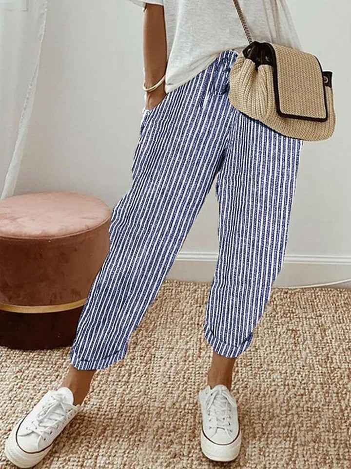 High Waist Straight Leg Linen Pants in blue (striped)