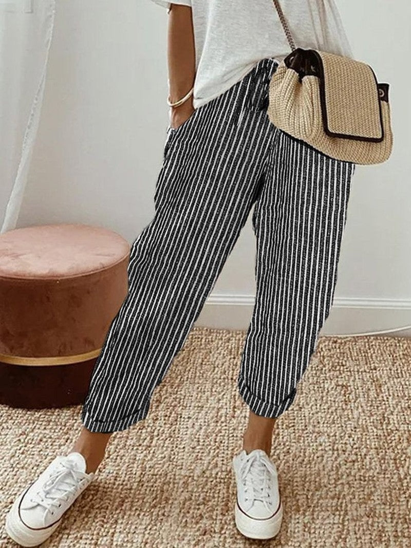 High Waist Straight Leg Linen Pants in black (striped)