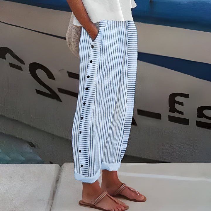 Striped Pants with Side Button Panel