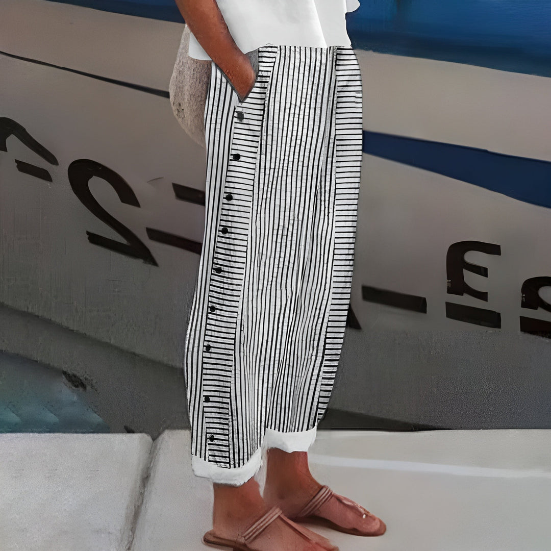 Striped Pants with Side Button Panel