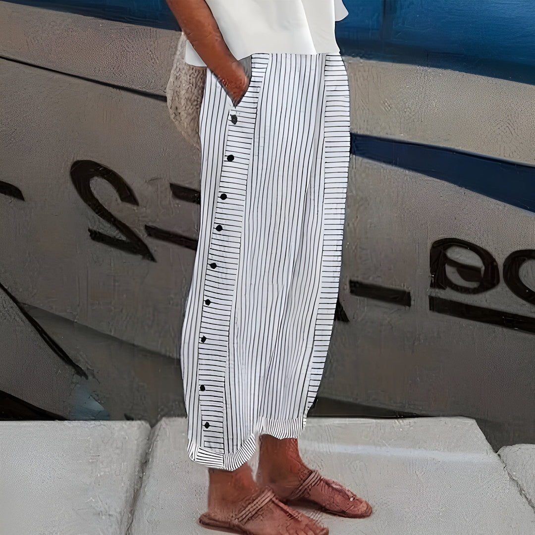 Striped Pants with Side Button Panel