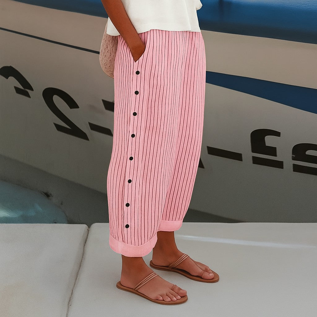 Striped Pants with Side Button Panel