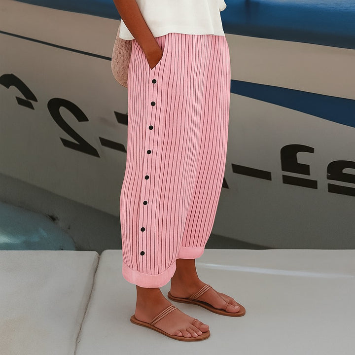 Striped Pants with Side Button Panel