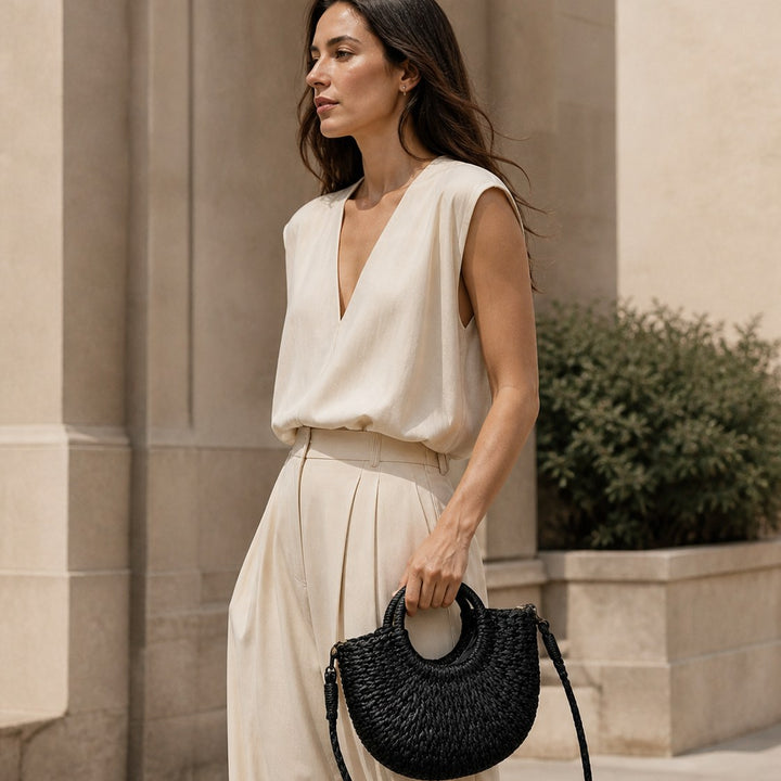 Lyra – Small Woven Beach Bag for Women with Crossbody Strap