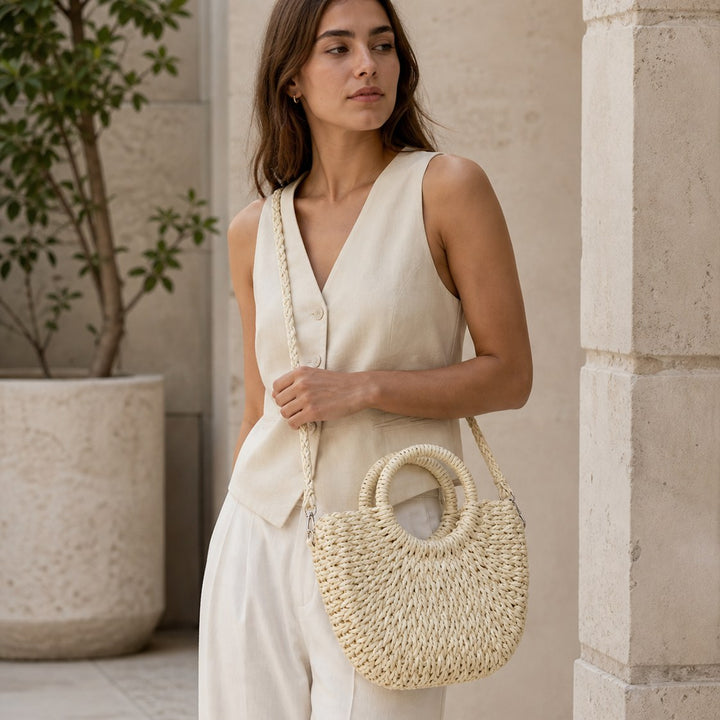 Lyra – Small Woven Beach Bag for Women with Crossbody Strap