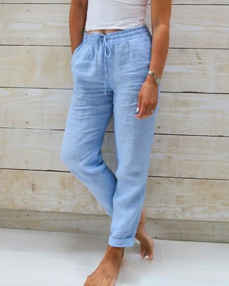 Relaxed Linen Pants with Drawstring Waist in blue