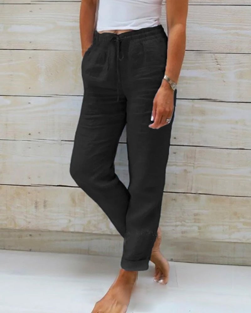 Relaxed Linen Pants with Drawstring Waist in black