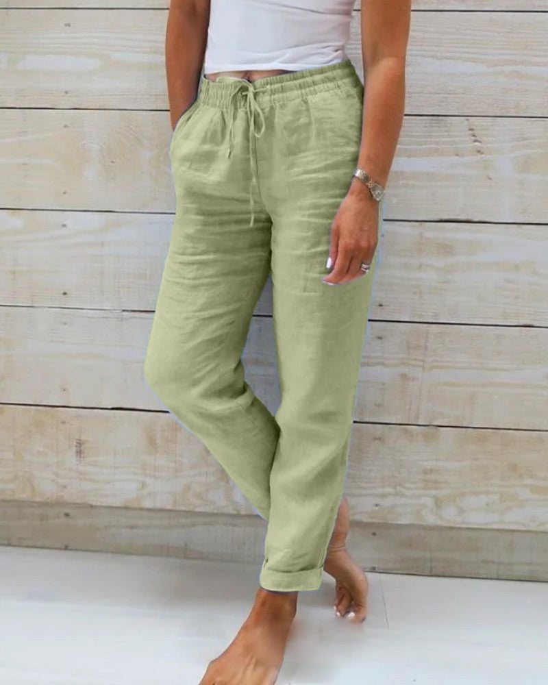 Relaxed Linen Pants with Drawstring Waist in green