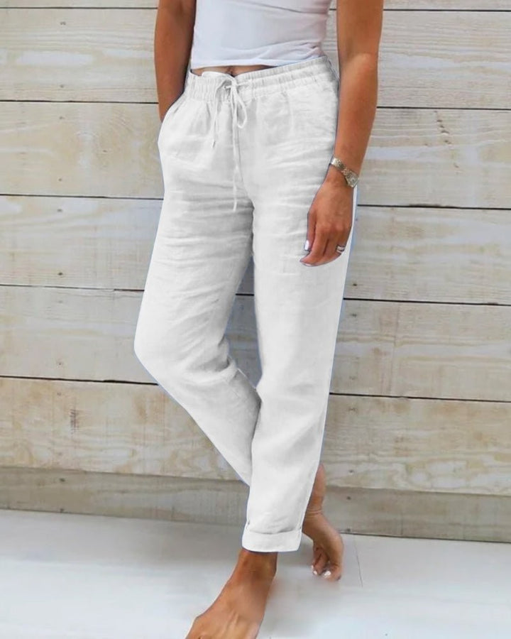 Relaxed Linen Pants with Drawstring Waist in white