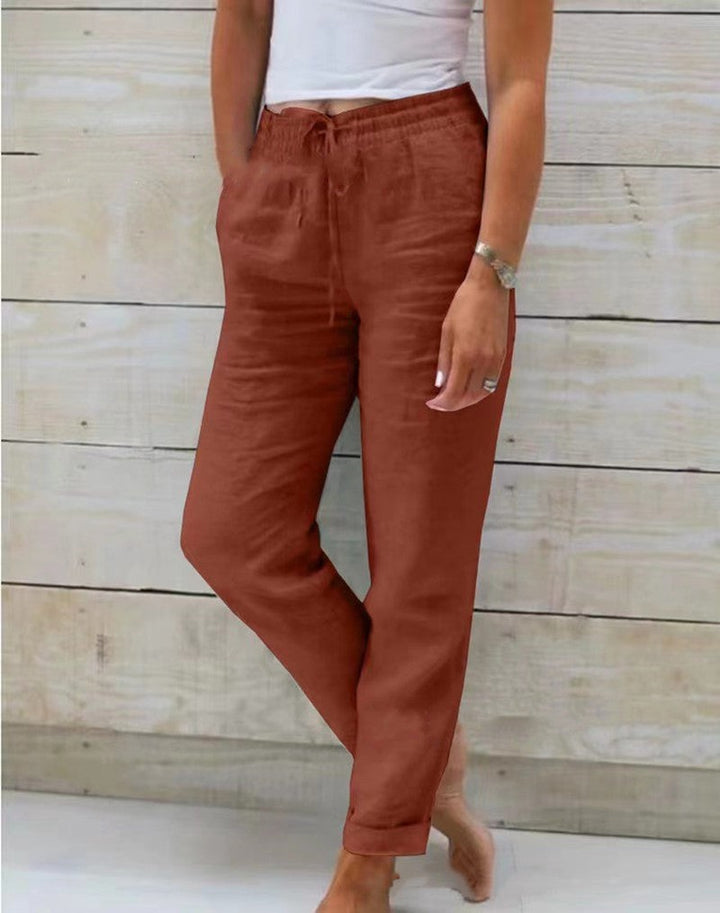 Relaxed Linen Pants with Drawstring Waist in brown