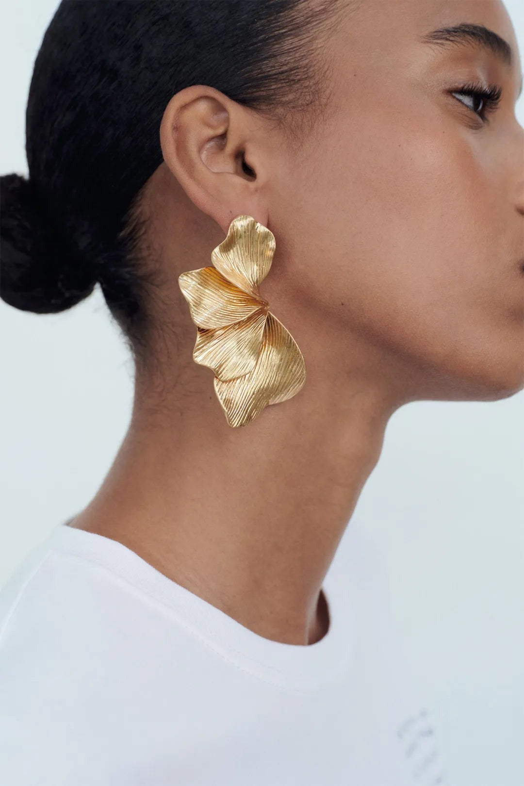 Textured Petal Drop Earrings in Gold in gold