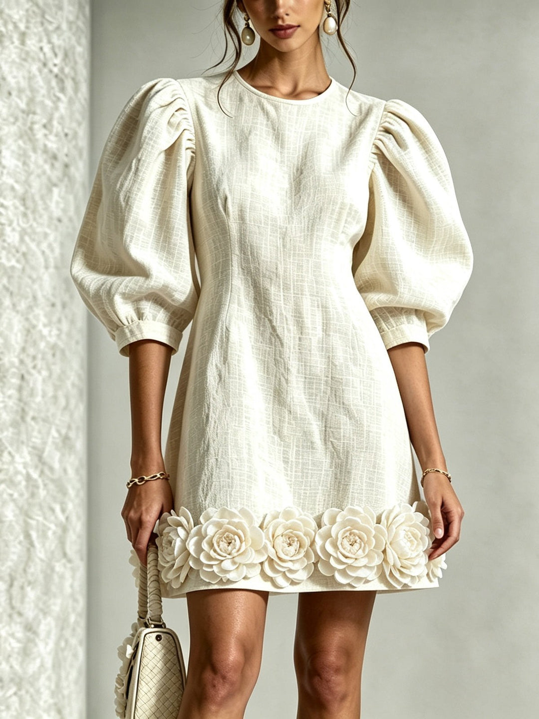 Marguerite — Puff Sleeve Cotton Linen White Dress, Avelony