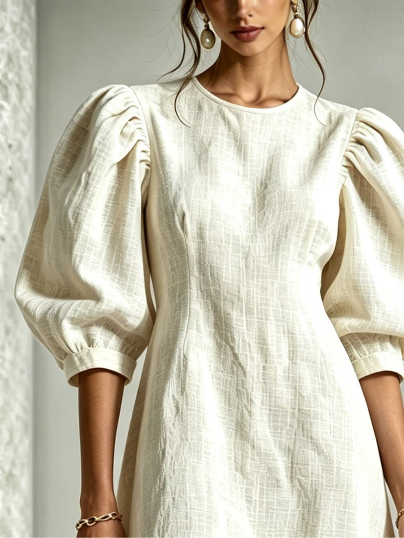 Marguerite — Puff Sleeve Cotton Linen White Dress (2), Avelony