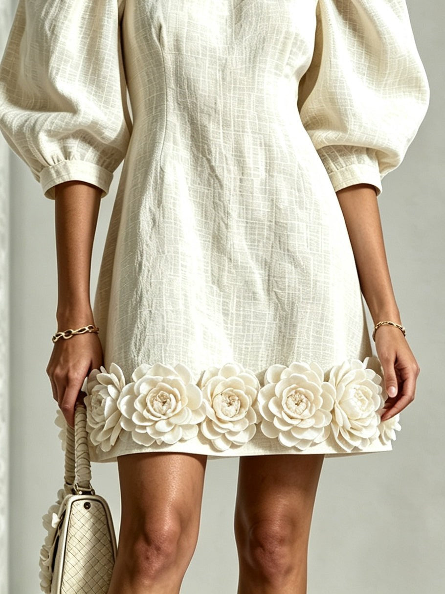 Marguerite — Puff Sleeve Cotton Linen White Dress (3), Avelony