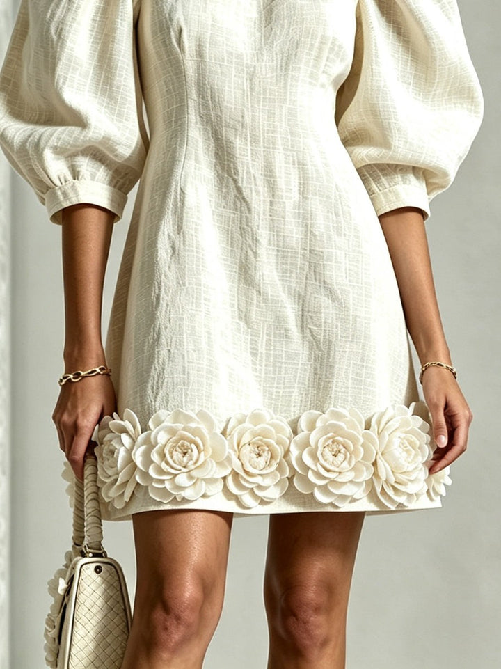 Marguerite — Puff Sleeve Cotton Linen White Dress (3), Avelony