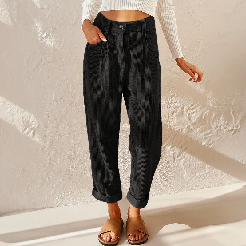 High Waist Corduroy Wide Leg Pants in black