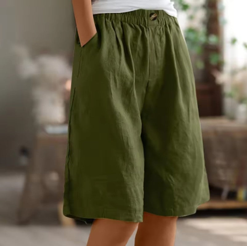 Linen Shorts with Elastic Waist and Pockets in army green