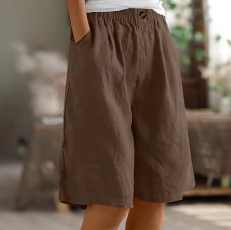 Linen Shorts with Elastic Waist and Pockets in brown