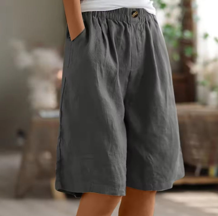 Linen Shorts with Elastic Waist and Pockets in grey