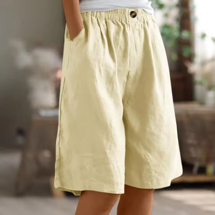 Linen Shorts with Elastic Waist and Pockets in beige