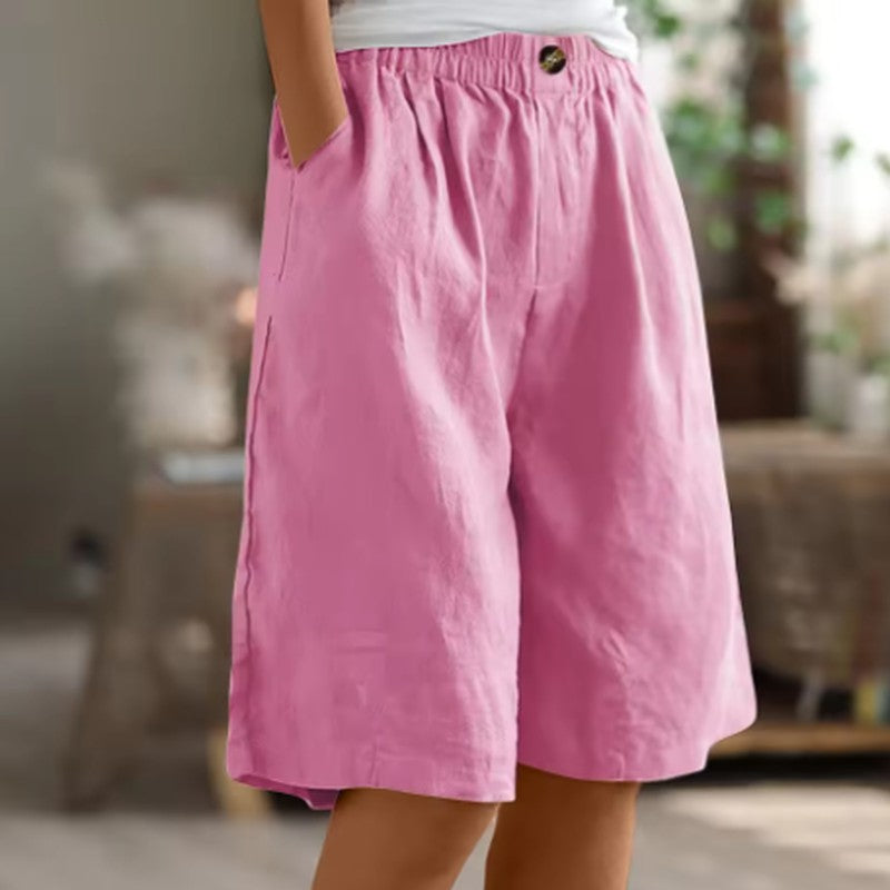 Linen Shorts with Elastic Waist and Pockets in pink