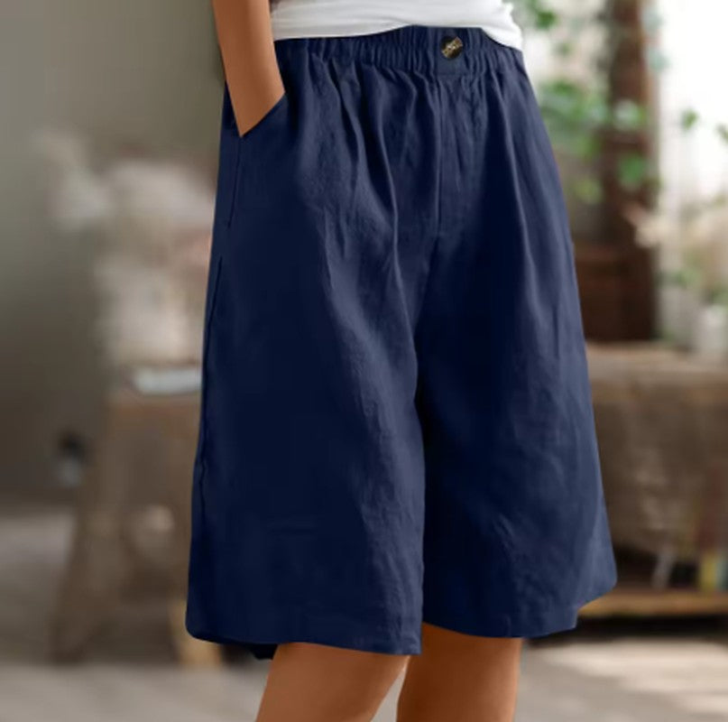 Linen Shorts with Elastic Waist and Pockets in navy blue