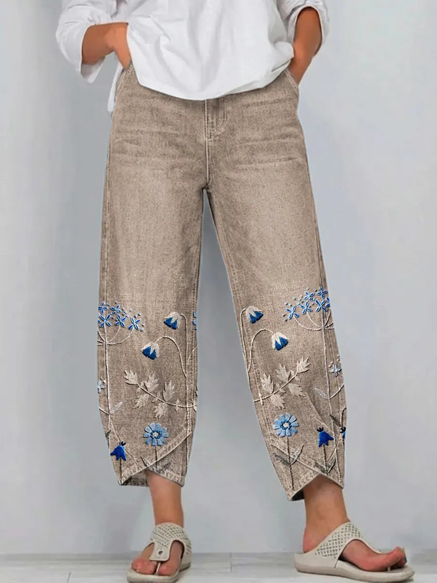 Embroidered Cotton Pants with Stretch in khaki