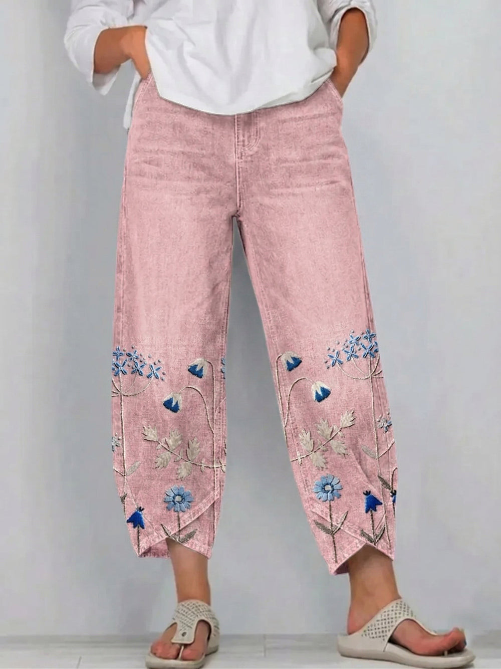 Embroidered Cotton Pants with Stretch in pink