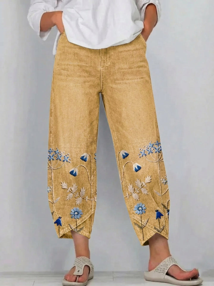 Embroidered Cotton Pants with Stretch in yellow