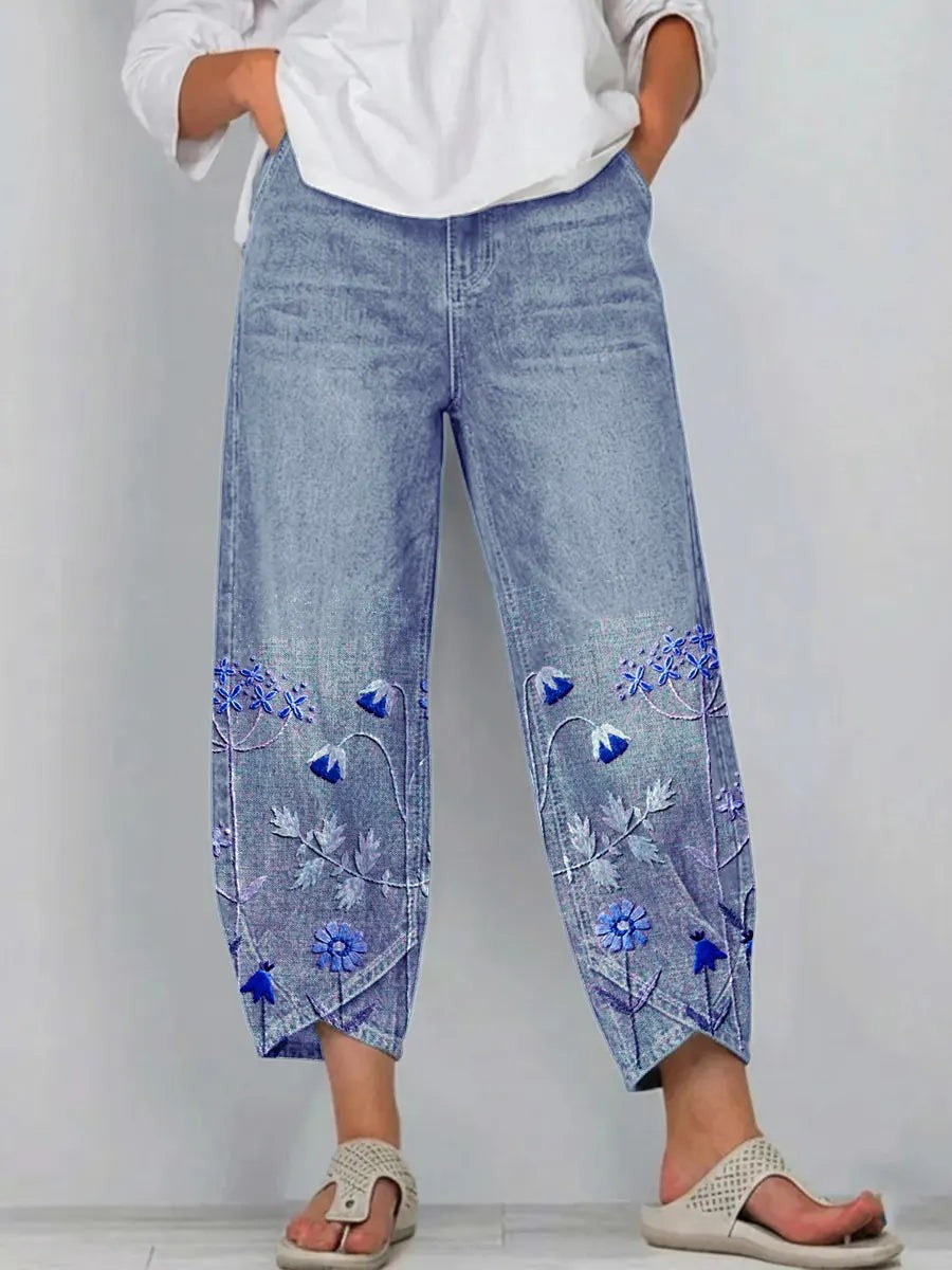 Embroidered Cotton Pants with Stretch in blue