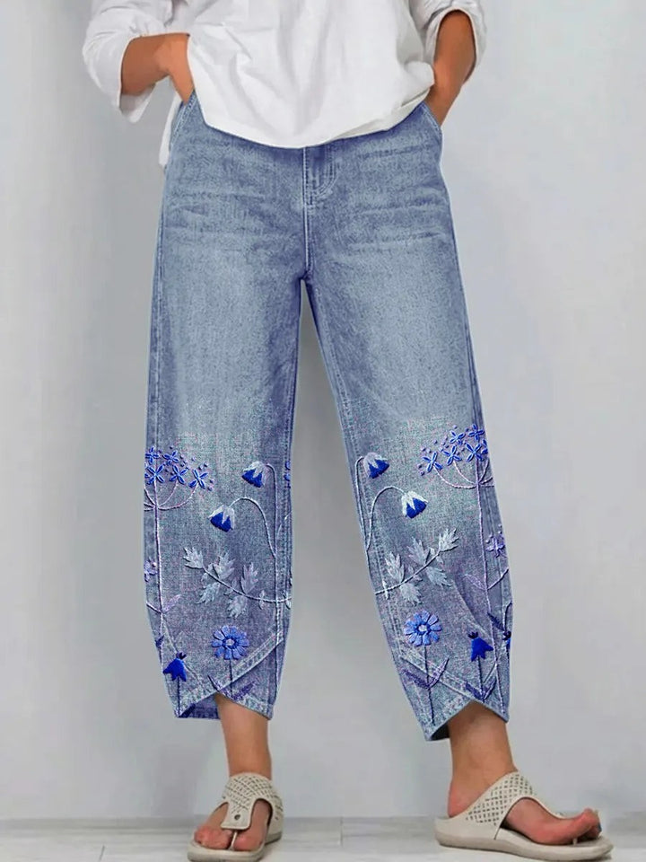 Embroidered Cotton Pants with Stretch in blue