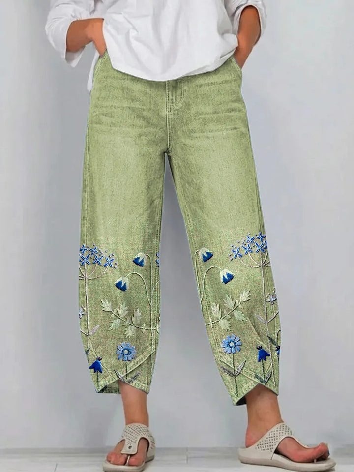 Embroidered Cotton Pants with Stretch in green