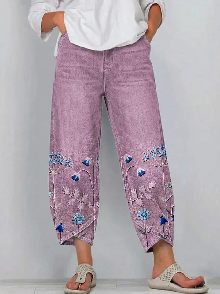 Embroidered Cotton Pants with Stretch in purple